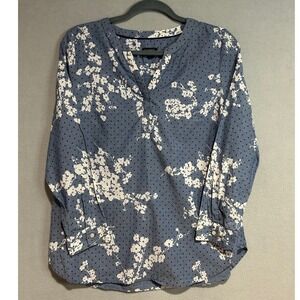 Talbots Floral Blouse Women Medium Petite Blue Tunic Long Sleeve Cottage Core